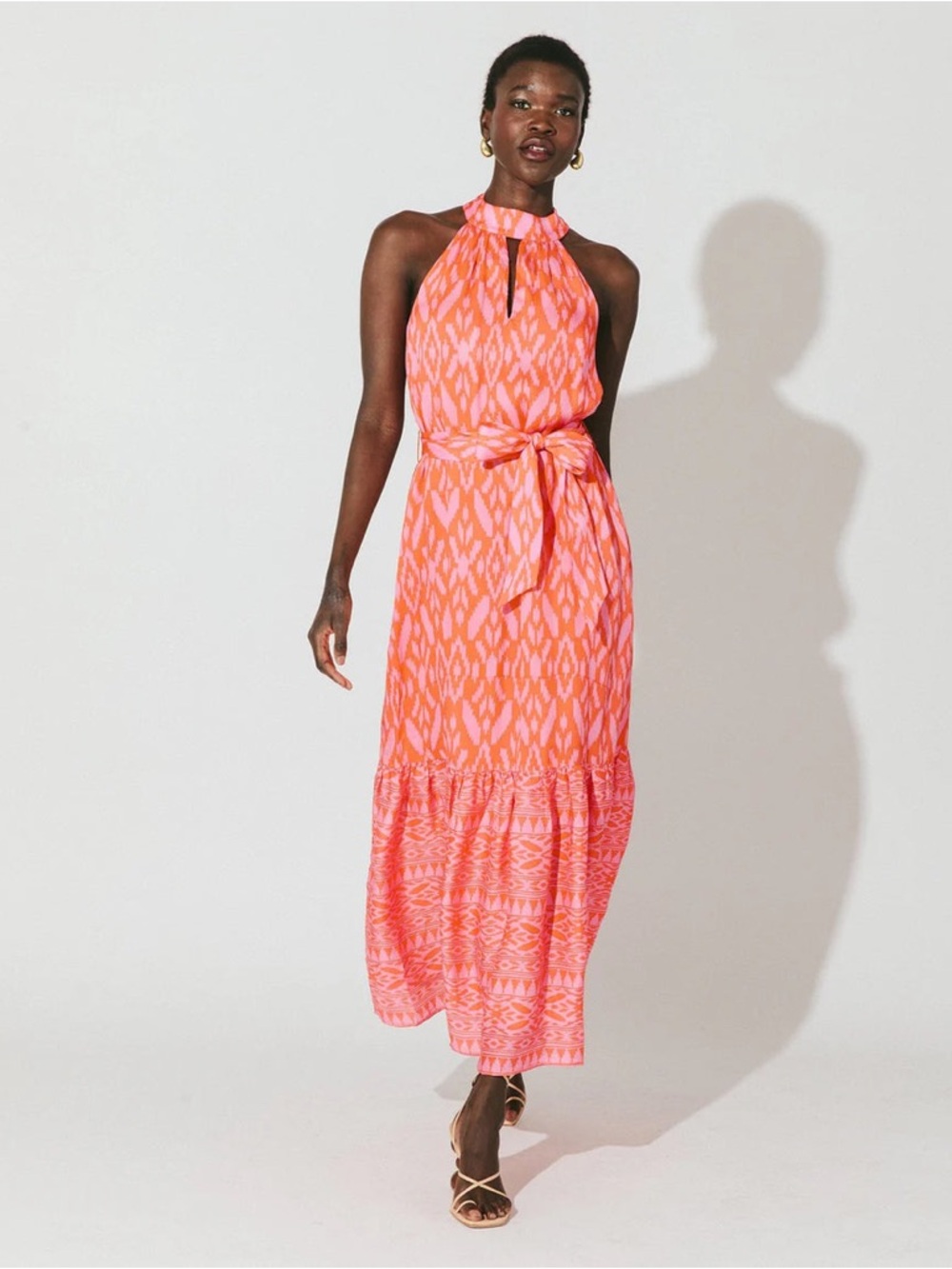 Cleobella Coral and Pink Halter Ikat Maxi Dress with Waist Tie